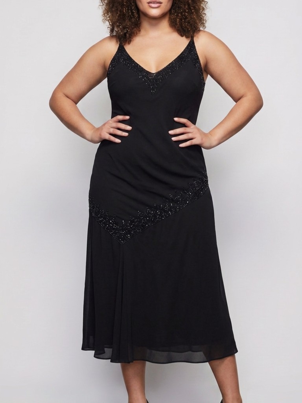 J Kara Black Beaded Slip Midi Dress